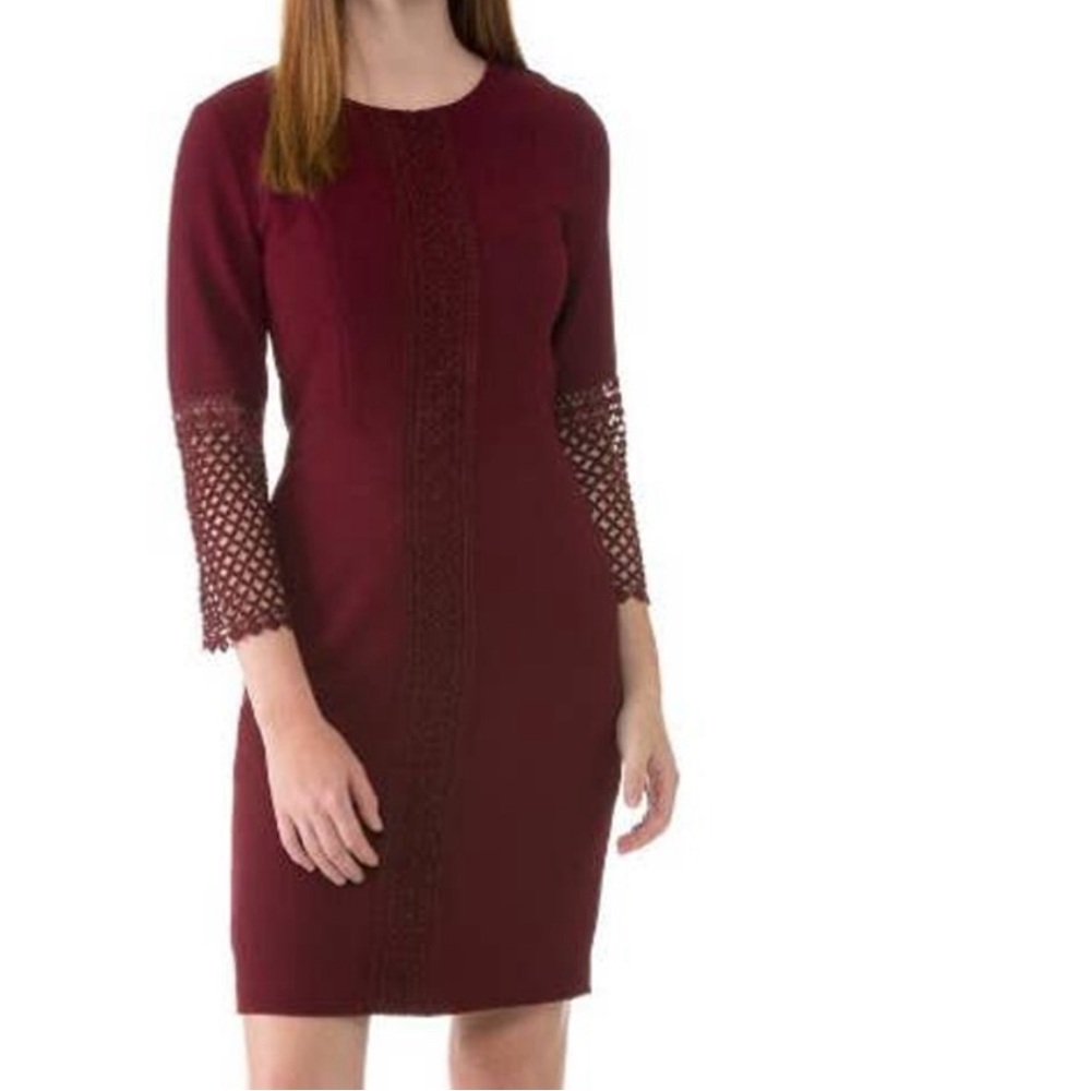 Karl Lagerfeld Paris Lace Burgundy Embroidered Weave Bell Sleeve Dress Sz 10